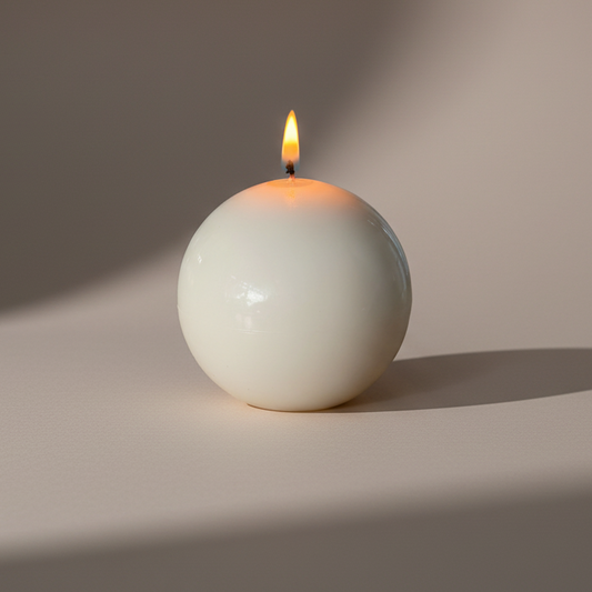 Minimalist burning sculptural sphere candle in ivory wax