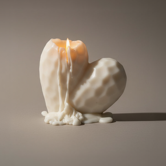Hand-poured burning Sculptural Heart pillar candle in soy and beeswax blend by Quality Time Candles, inspired by naturally-formed shapes