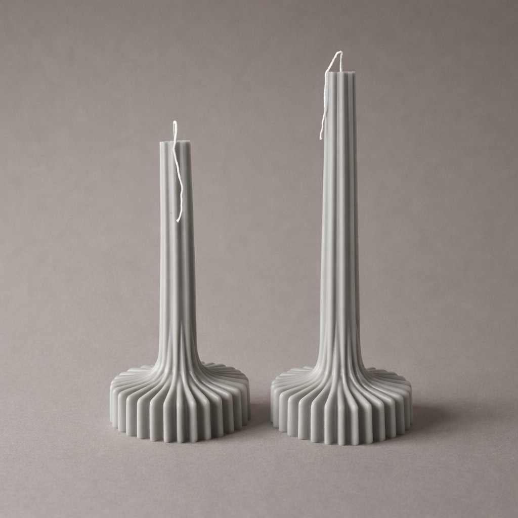 Hand-poured centrepiece Sculptural Pleat Column taper grey candle in coconut and beeswax blend by Quality Time Candles, inspired by architecture