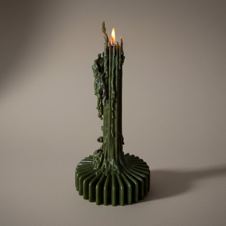 Hand-poured burning centrepiece Sculptural Pleat Column taper candle in coconut and beeswax blend by Quality Time Candles, inspired by architecture
