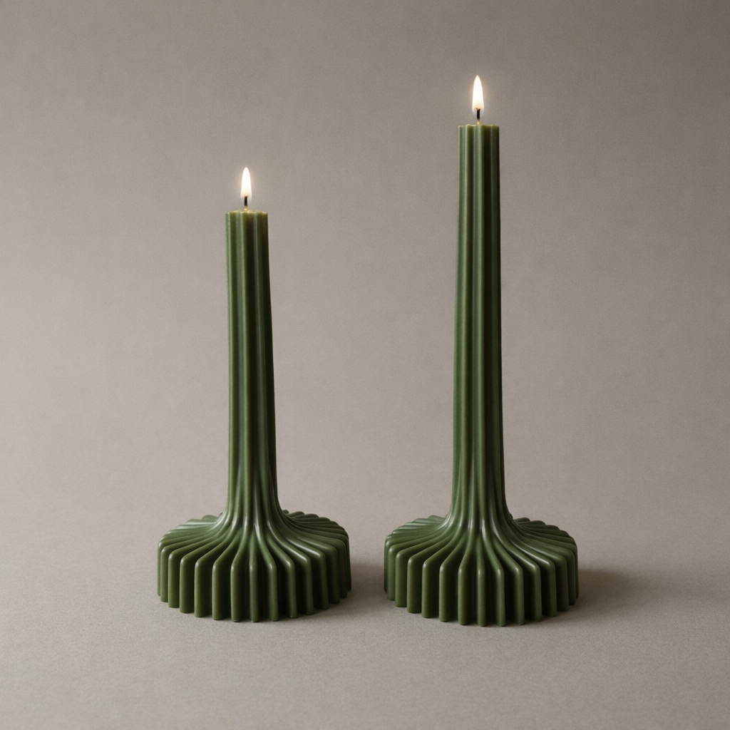 Hand-poured burning centrepiece Sculptural Pleat Column taper candle in coconut and beeswax blend by Quality Time Candles, inspired by architecture
