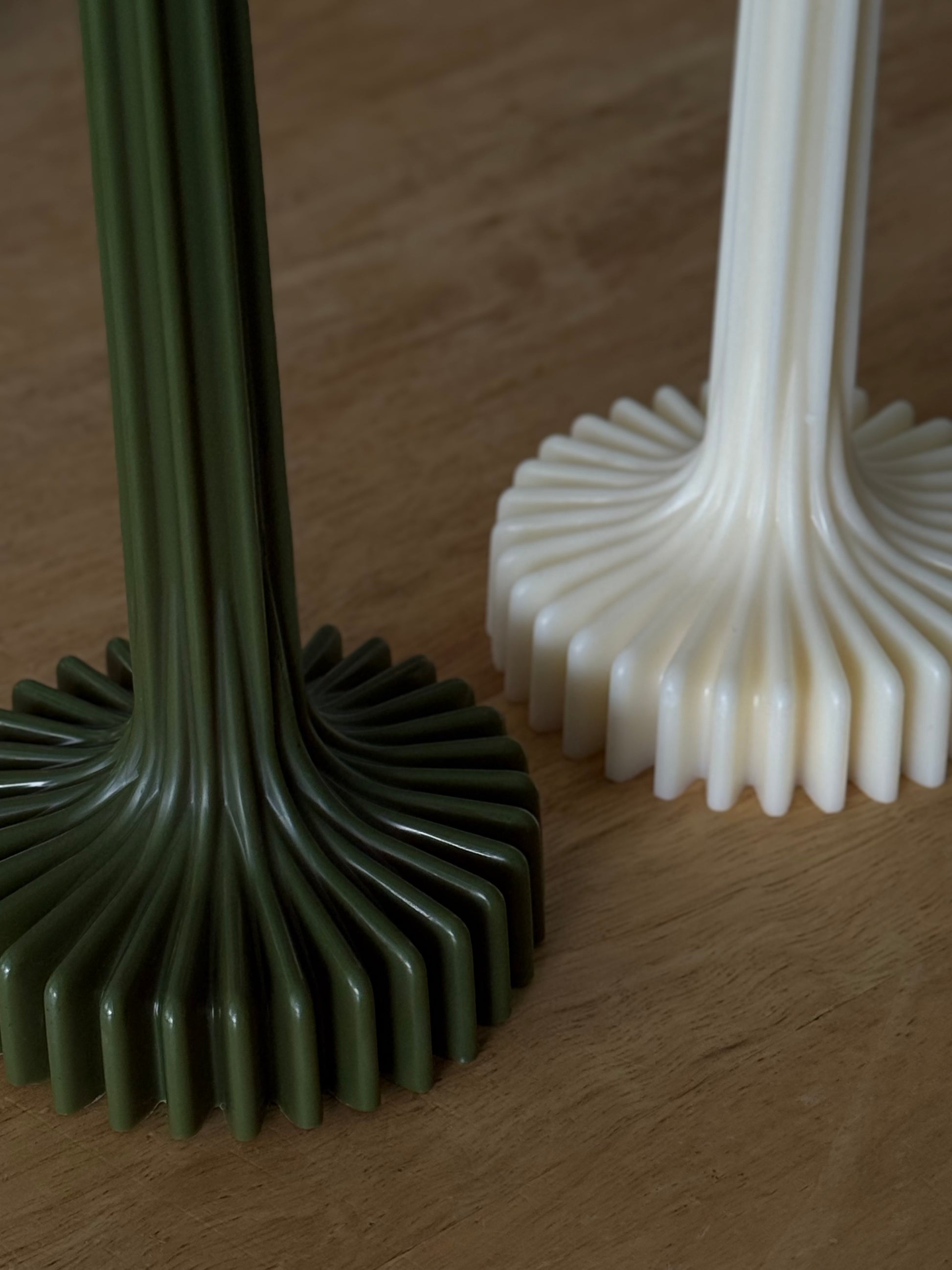 Hand-poured centrepiece Sculptural Pleat Column taper candle in coconut and beeswax blend by Quality Time Candles, inspired by architecture
