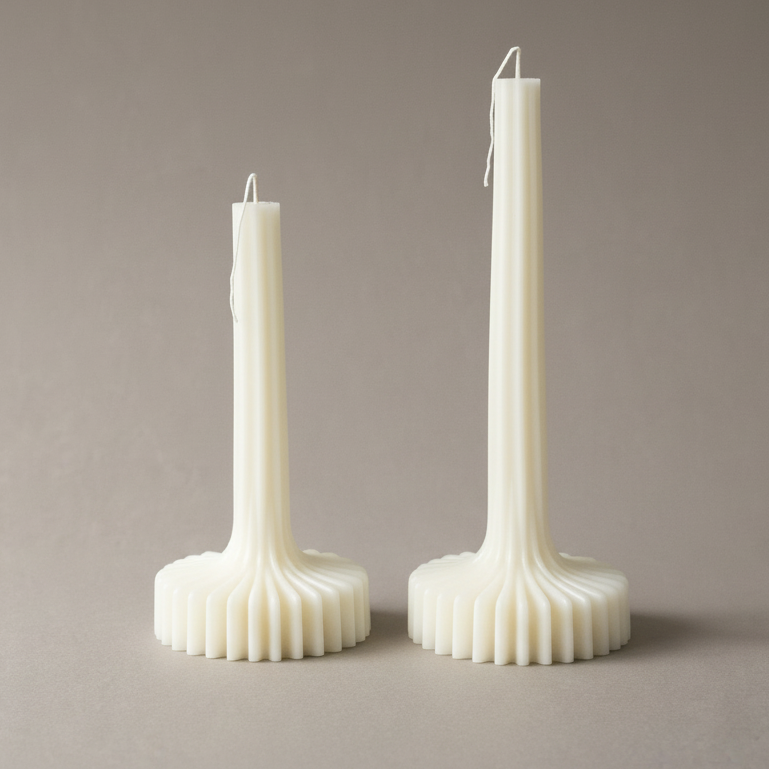 Hand-poured centrepiece Sculptural Pleat Column taper candle in coconut and beeswax blend by Quality Time Candles, inspired by architecture