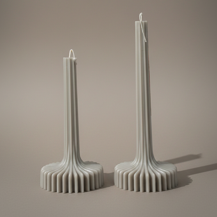 Sculptural Pleat Pillar Column taper candle in beige-grey, coconut and beeswax blend, hand-poured in Sydney by Quality Time Candles