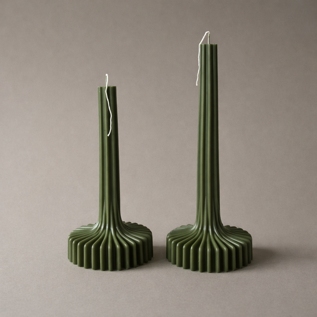 Sculptural Pleat Pillar Column taper candle in olive green, coconut and beeswax blend, hand-poured in Sydney by Quality Time Candles