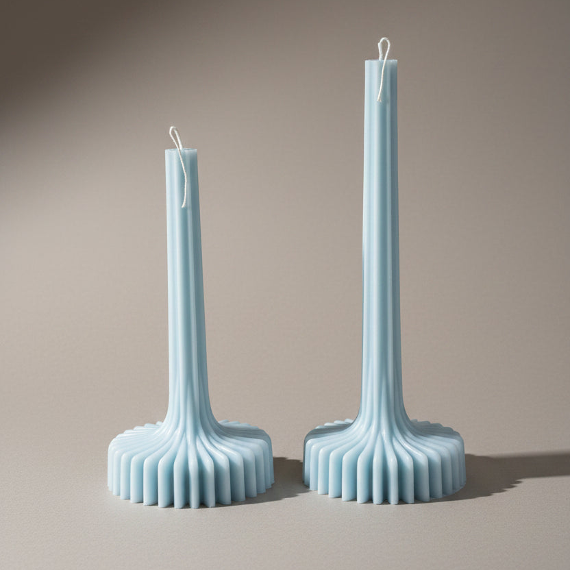 Sculptural Pleat Pillar Column taper candle in sky blue, coconut and beeswax blend, hand-poured in Sydney by Quality Time Candles